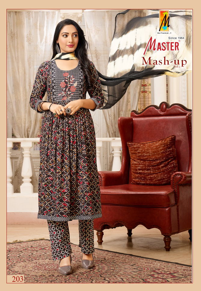 Mash Up Vol 2 By Master Naira Cut Rayon Printed Kurti With Bottom Dupatta Wholesale Online
